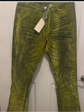 MNML Olive Green Corduroy Pants with Washed Stripe Detail